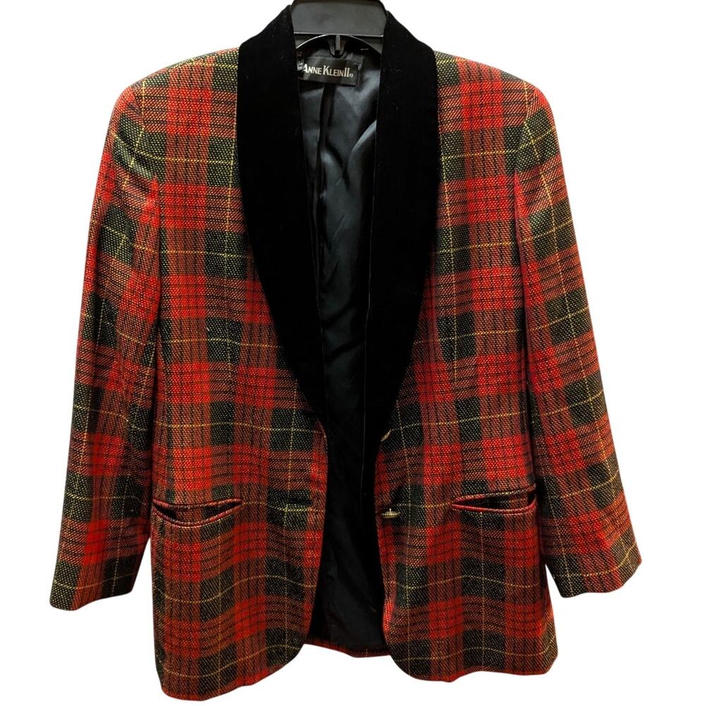 Vintage Anne Klein II Red Tartan Plaid Velvet Collar Blazer 8 Petite Wide lapel - Picture 2 of 9